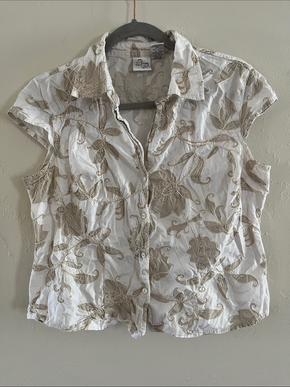 Short Sleeve Button Up Babydoll Style Cap Sleeve Floral Embroidery White and Tan